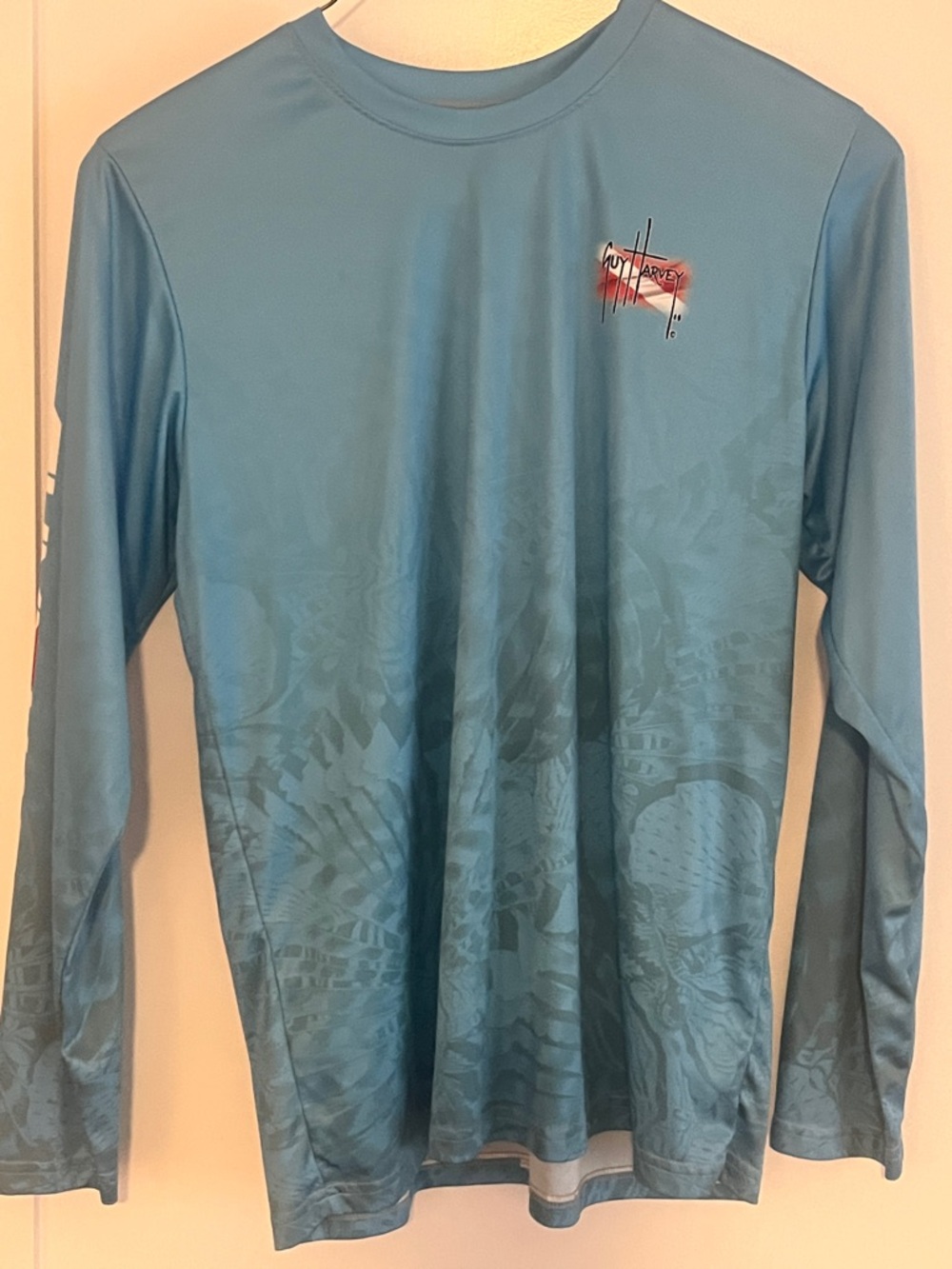 Guy Harvey Men's Long Sleeve Performance Tee - Seafoam Blue with Red Logo